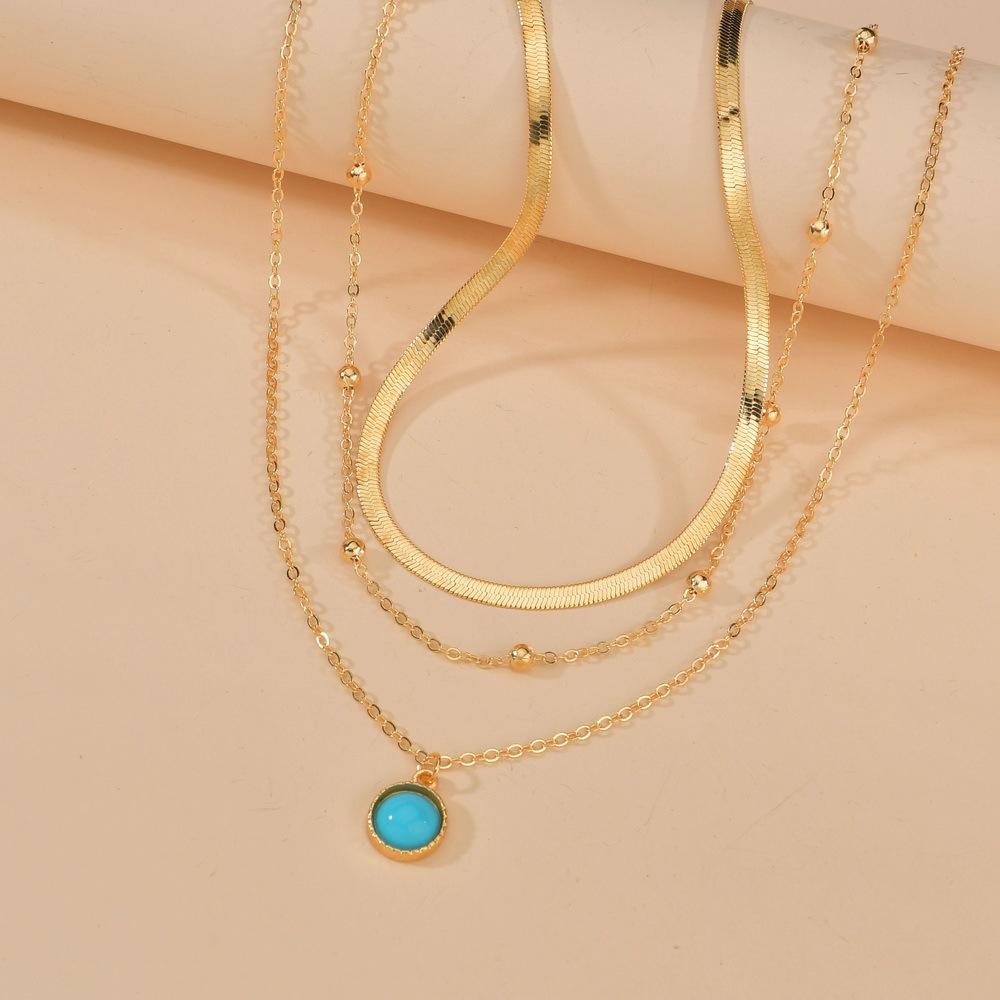 Vintage Ethnic Round Resin Accessories Pendant Necklace Snake Chain Multilayer Necklace Women Jewelry