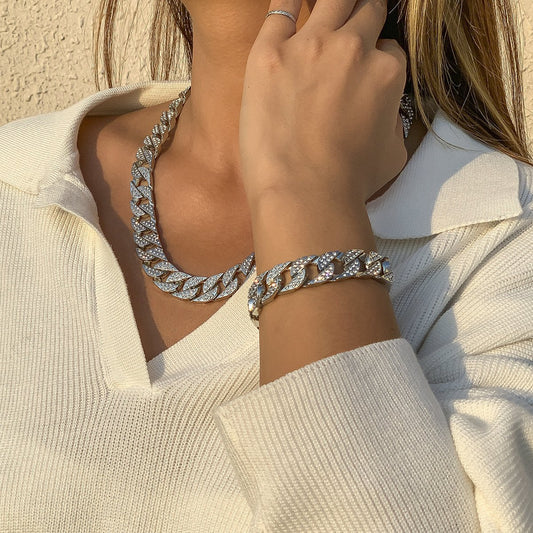 Jewelry Hip Hop Retro Full Diamond Cuban Chain Bracelet Trend Metal Diamond Chain Men's and Women's Hand Jewelry