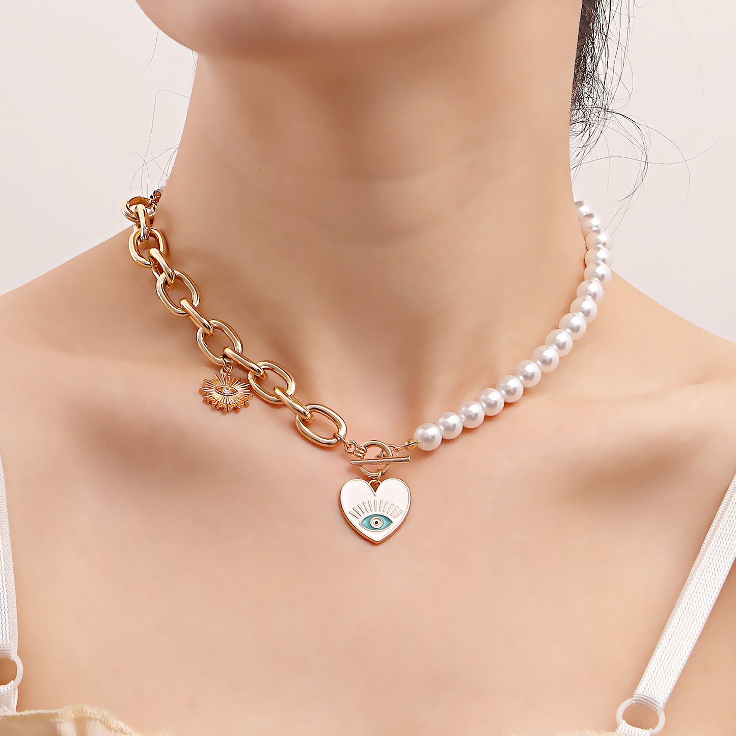Jewelry imitation pearl love devil's eye necklace female ins niche design explosion