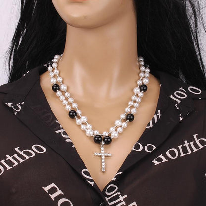 Fashion Vintage Ethnic Double Glass Pearl Pendant Simple Diamond Cross Necklace