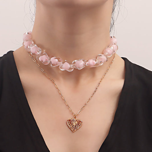 Jewelry ins double-layer pink love beaded necklace female niche design light luxury clavicle chain