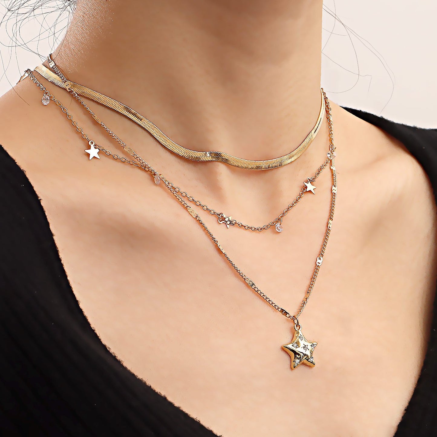 Jewelry golden five-pointed star pendant multi-layer necklace simple shiny zircon pendant necklace female