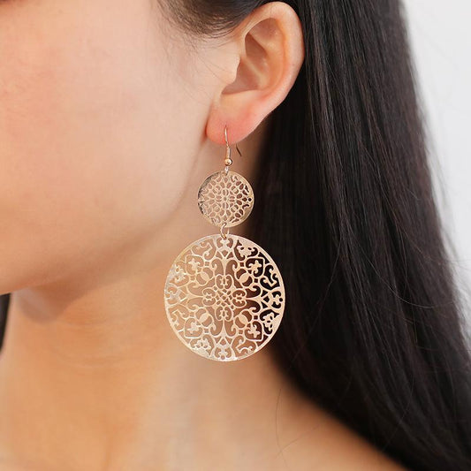 Fashion Earrings Retro Hollow Disc Frosted Earrings Palace Ethnic Carved Earrings