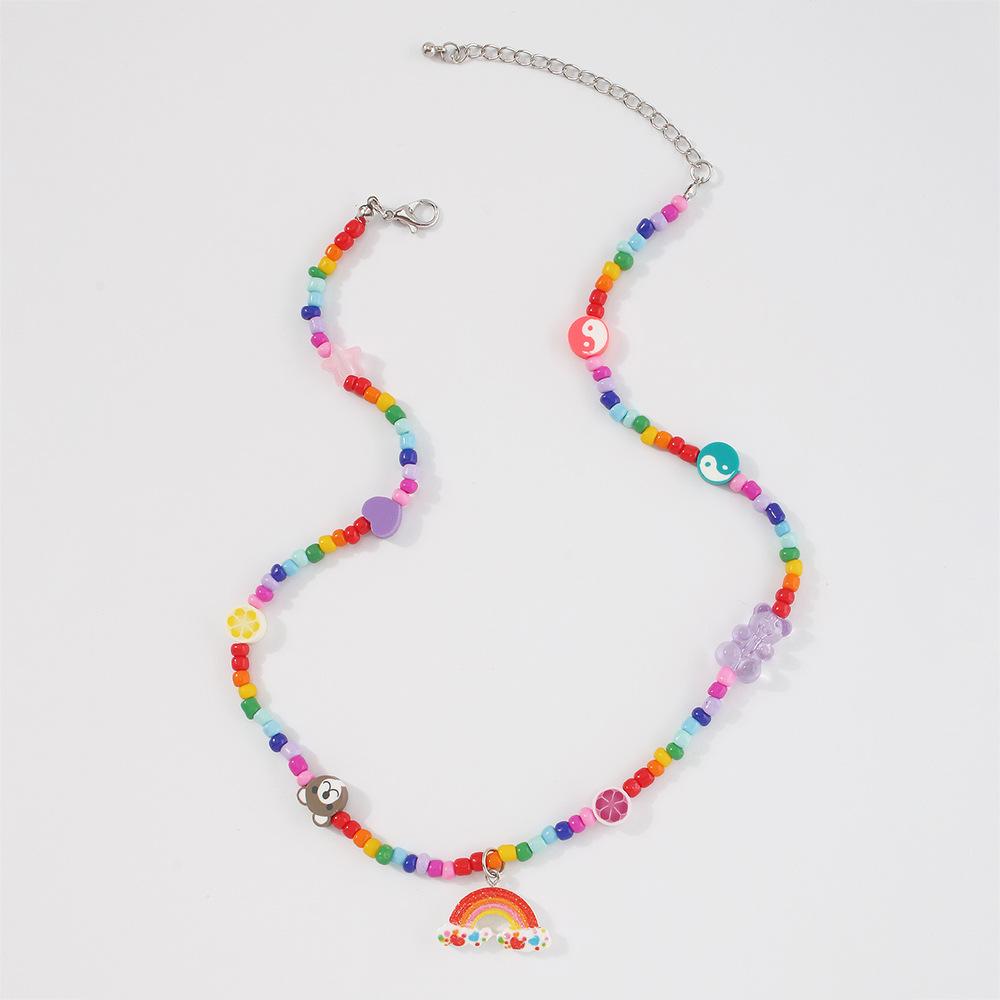 N9147 Colorful Rice Bead Necklace Soft Pottery Bear Cartoon Necklace Cute Rainbow Pendant Clavicle Chain Female
