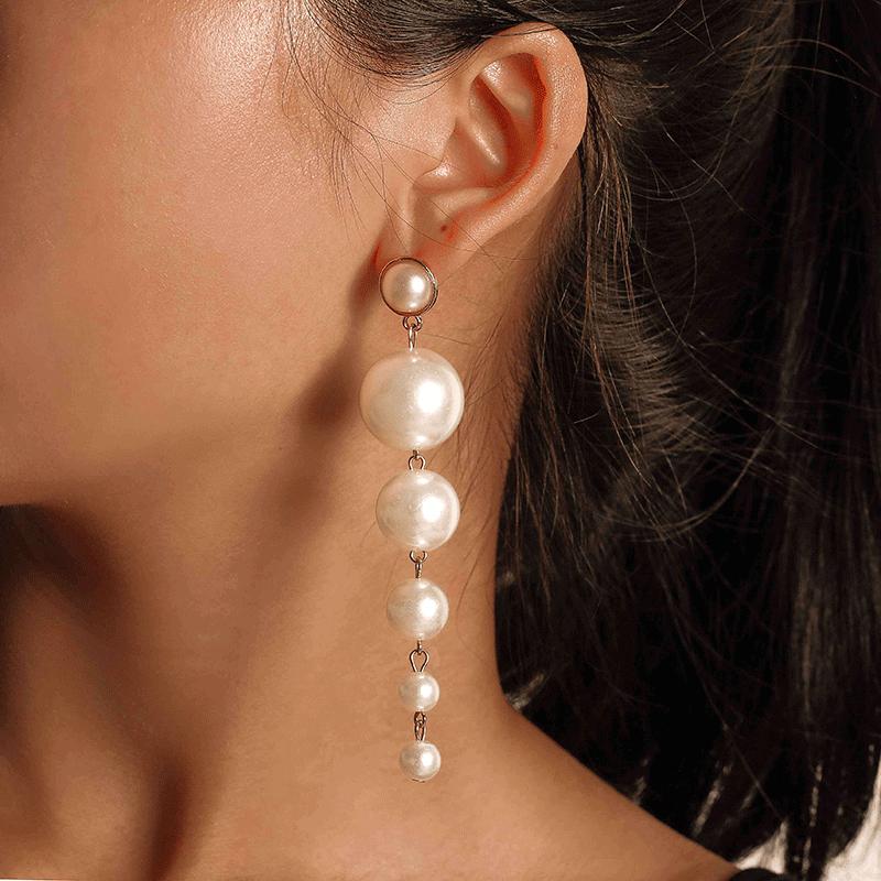 National temperament ladies elegant large string of long string pearl earrings Baroque exaggerated long earrings