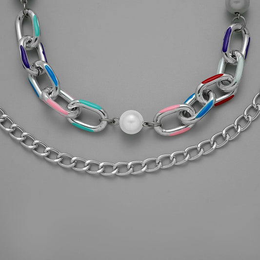 Bohemia Silver Stitching Reflective Pearl Double Layer Men's Necklace Fashion Colorful Geometric Clavicle Chain Men