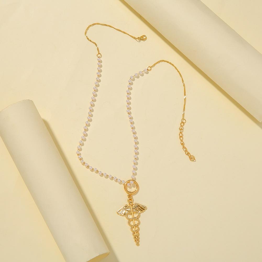 Retro Temperament French Pearl Chain Necklace Fashion Wings Wand Pendant Jewelry
