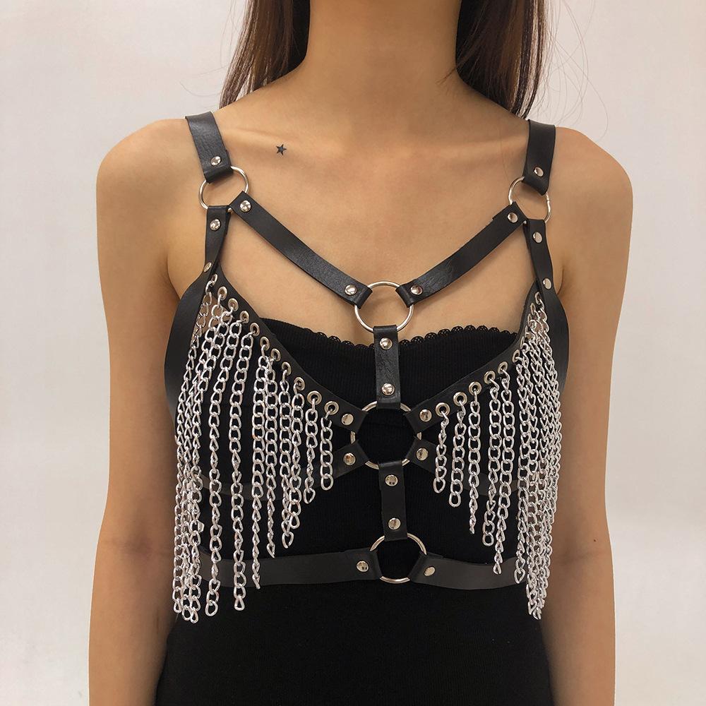 C271 Exaggerated Rock Body Chain PU Chain Tassel Sexy Hot Bundle Strap Bra Accessories Female