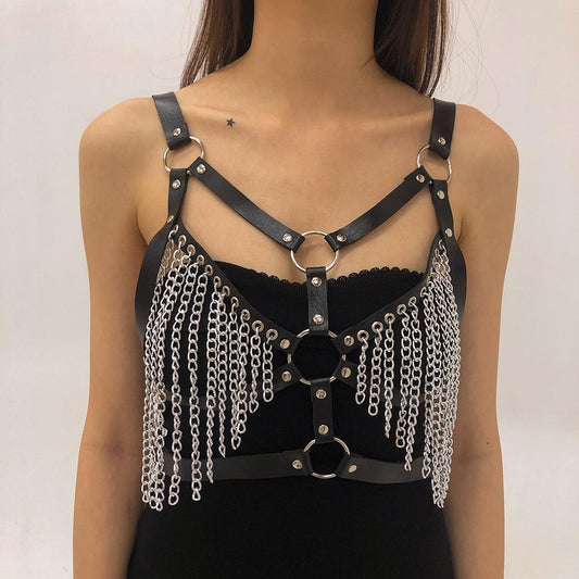 C271 Exaggerated Rock Body Chain PU Chain Tassel Sexy Hot Bundle Strap Bra Accessories Female