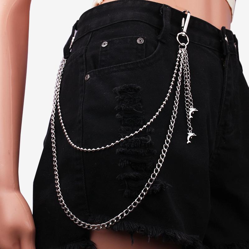 All-match pants chain ins trendy pants hanging chain double-layer metal ball chain hip-hop trend dolphin pendant