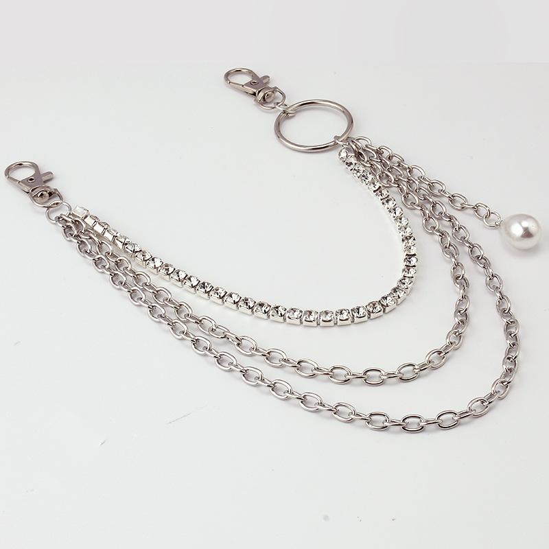 ins multi-layer pants chain accessories metal hip-hop jumping jeans inlaid diamond claw chain hanging chain pearl pendant accessories