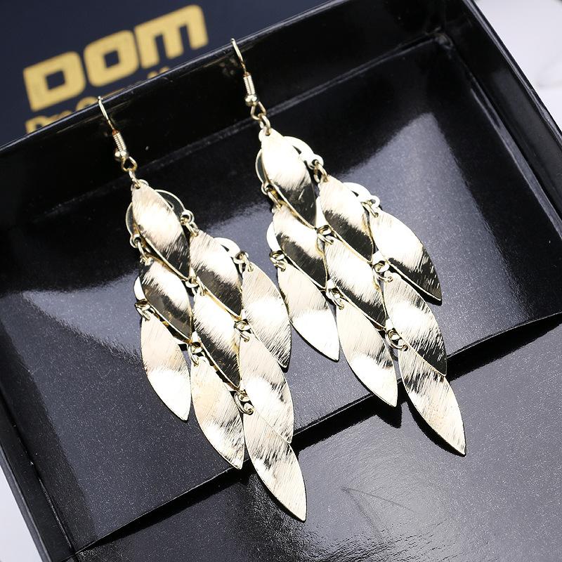 Atmospheric ethnic long string leaf-shaped brushed metal earrings