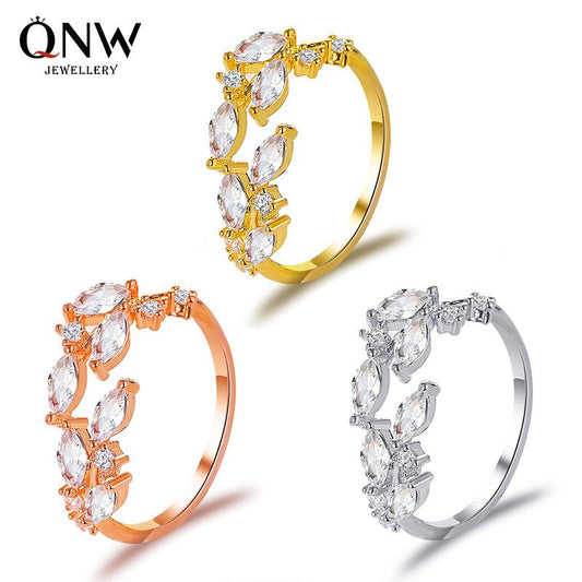 Jewelry temperament all-match zircon leaf ring Mori simple opening crystal leaf ring female
