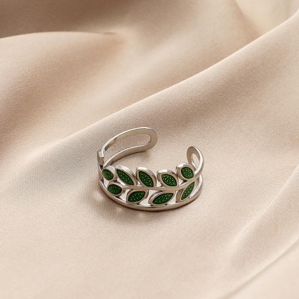 Retro fashion stainless steel dripping oil green leaves wheat ears opening ring personalized titanium steel ring female jewelry