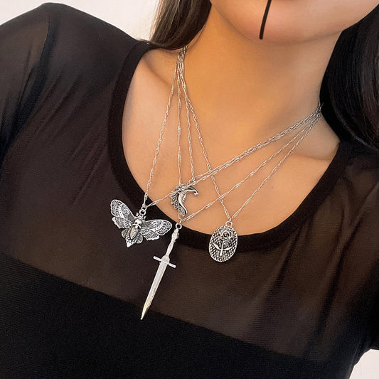 Jewelry Retro Sword Shaped Rose Tag Chain Necklace Dark Halloween Butterfly Necklace