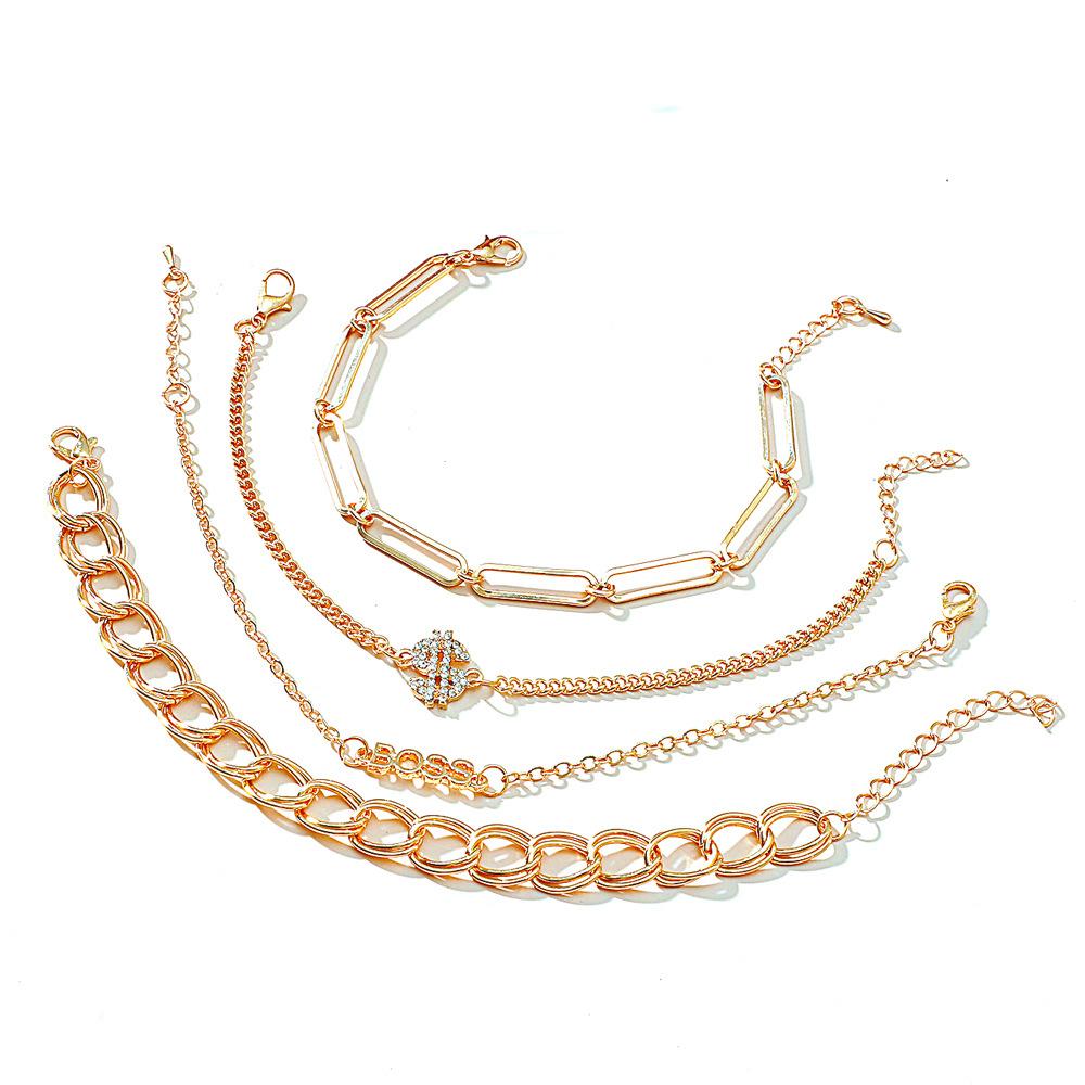 Fashion multi-layer chain anklet set ins personality metal geometric crown love bracelet 4 pieces set for women