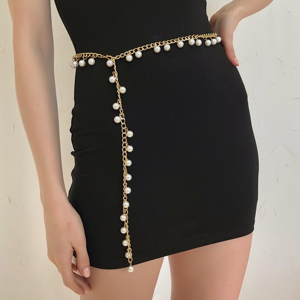 C217 Fan Hippie Hip Hop Punk Retro Metal Imitation Pearl Waist Chain Fashion Simple Chain Waist Jewelry Women