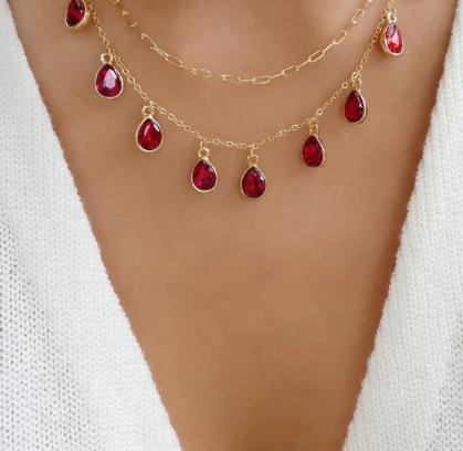 Jewelry Retro Design Water Drop Ruby Rhinestone Necklace Temperament Cross Chain Stacked Necklace