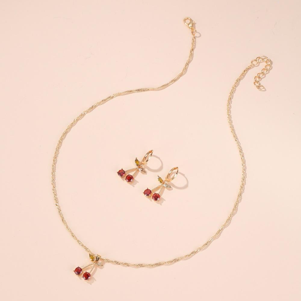 Wedding Dinner Jewelry Temperament Pomegranate Red Cherry Necklace Female Simple Versatile Crystal Earrings