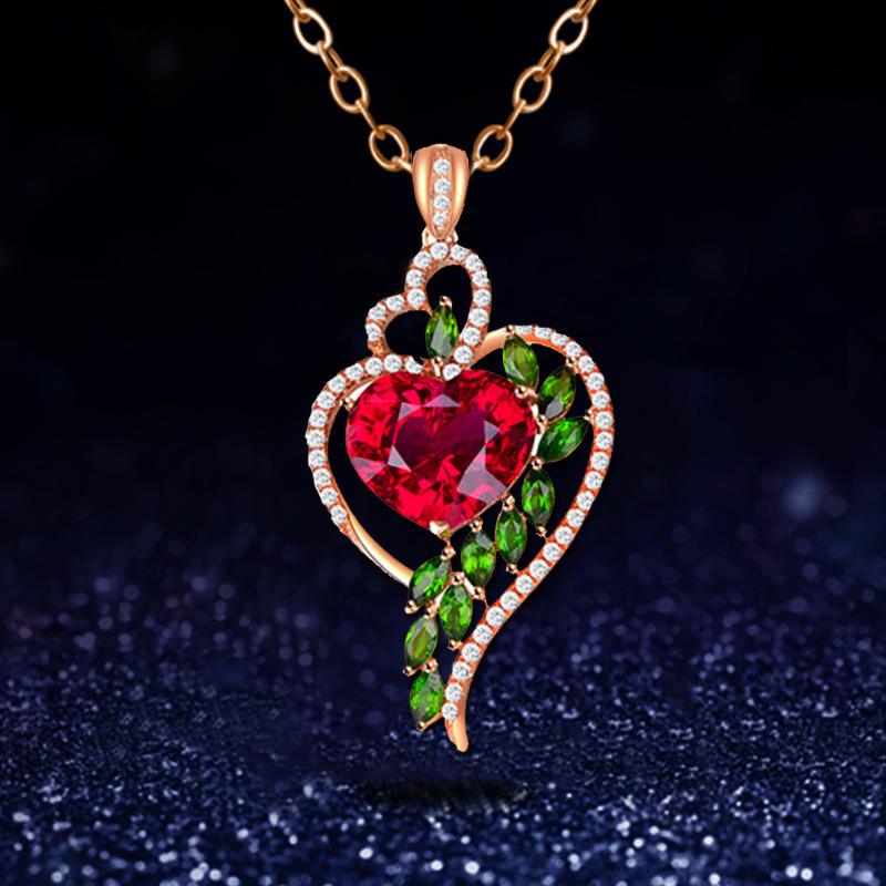 Fashion Ladies Ruby Heart Pendant Necklace Set Green Diamond Heart Necklace Jewelry