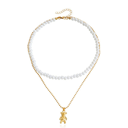 Jewelry Double Beaded Imitation Pearl Bear Pendant Necklace Women