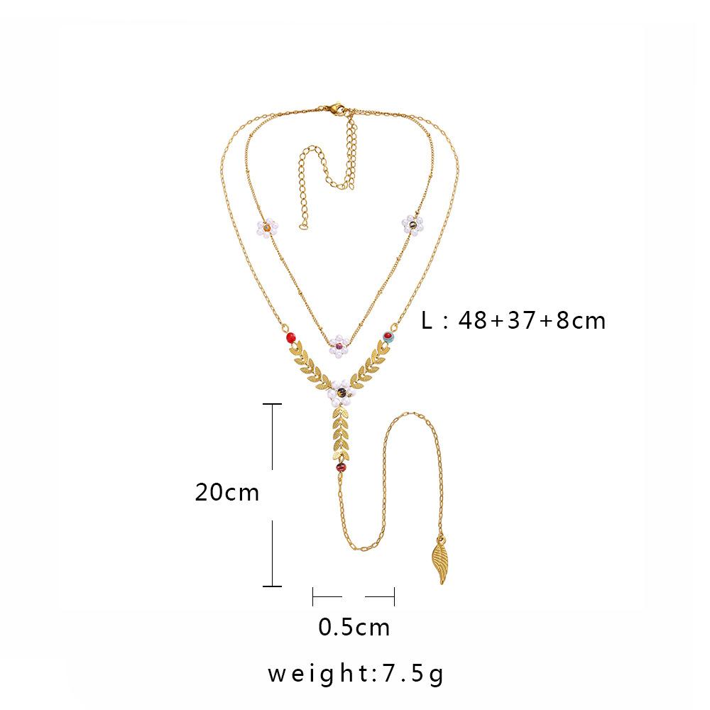 Creative stainless steel golden wheat ear pendant pearl flower titanium steel pastoral double-layer necklace collarbone chain female