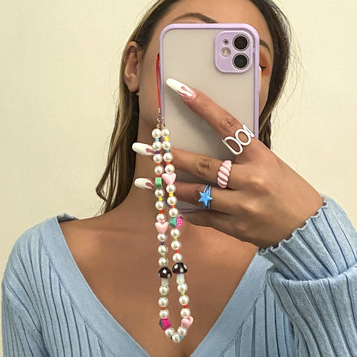 Imitation Pearl Beaded Mushroom Phone Chain Sweet Cool Simple Fruit Strawberry Peach Heart Phone Lanyard