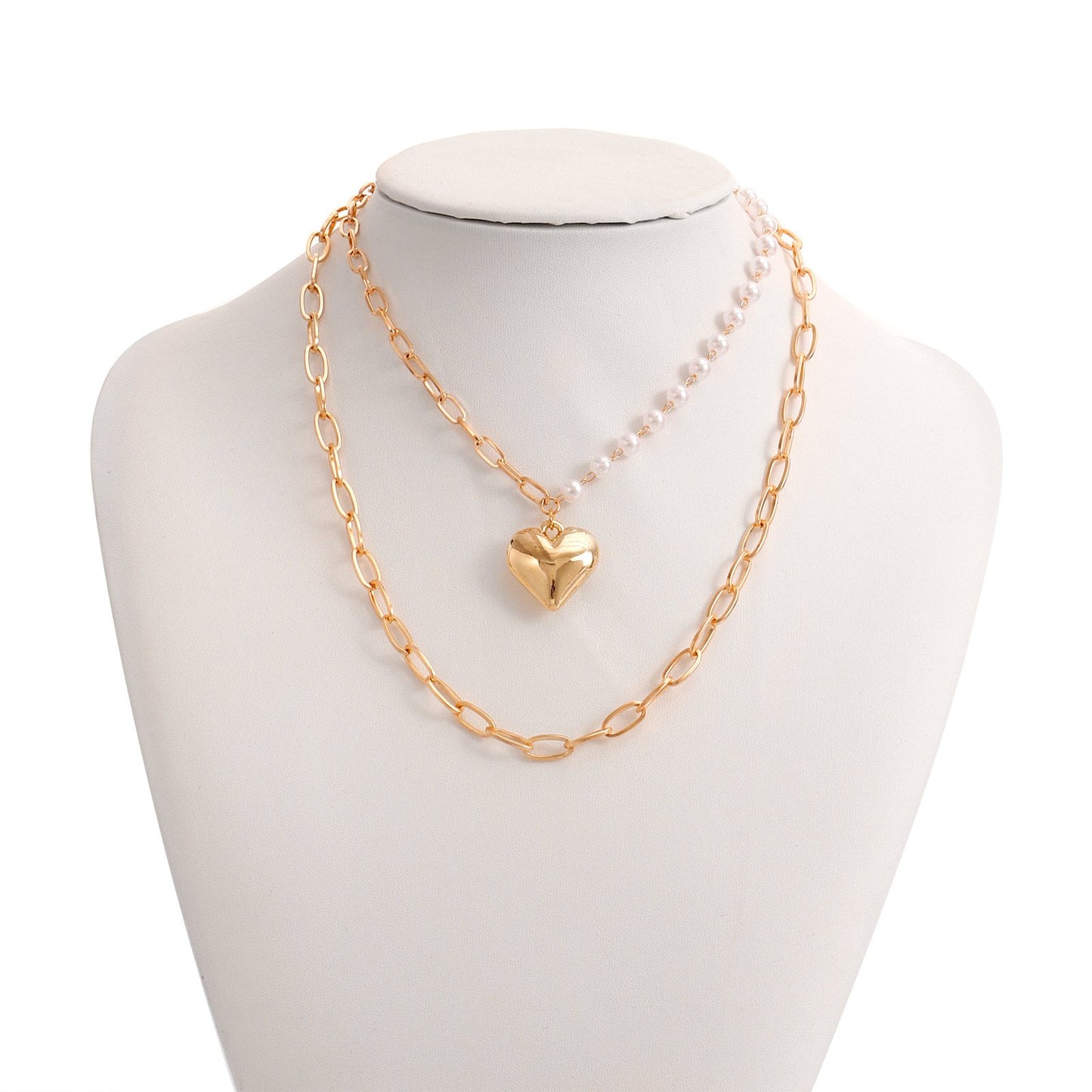 Jewelry punk double-layer geometric big heart pendant imitation pearl necklace female ins all-match necklace