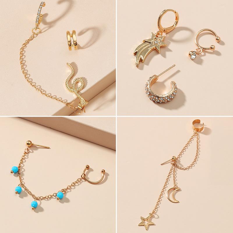 Simple Ear Stud Set Beaded Star Chain No Hole Ear Clip Cold One-piece Ear Hanging Single Female