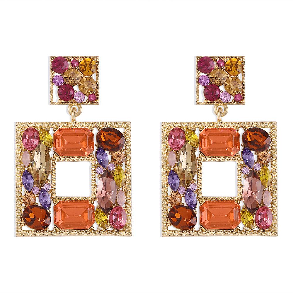 E9894 Fashion Colored Diamond Square Earrings Personality Glass Diamond Earrings Geometric Hollow Retro Earrings Women