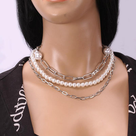 Fashionable retro multi-layer socket whip chain necklace trend multi-layer heterosexual pearl necklace three-piece set