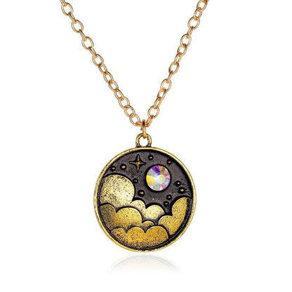 Creative Color Night Sky Necklace Retro Literary Moon Clouds Year-old Clavicle Chain Personality Cartoon Geometric Round Pendant