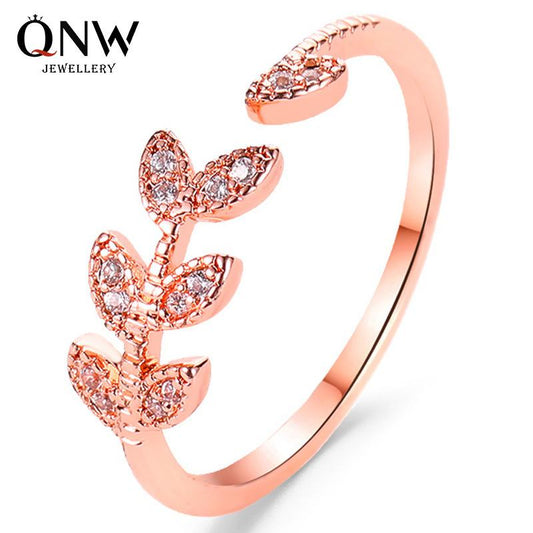 Small fresh open ring female art student index finger joint ring simple tree leaf zircon single ring