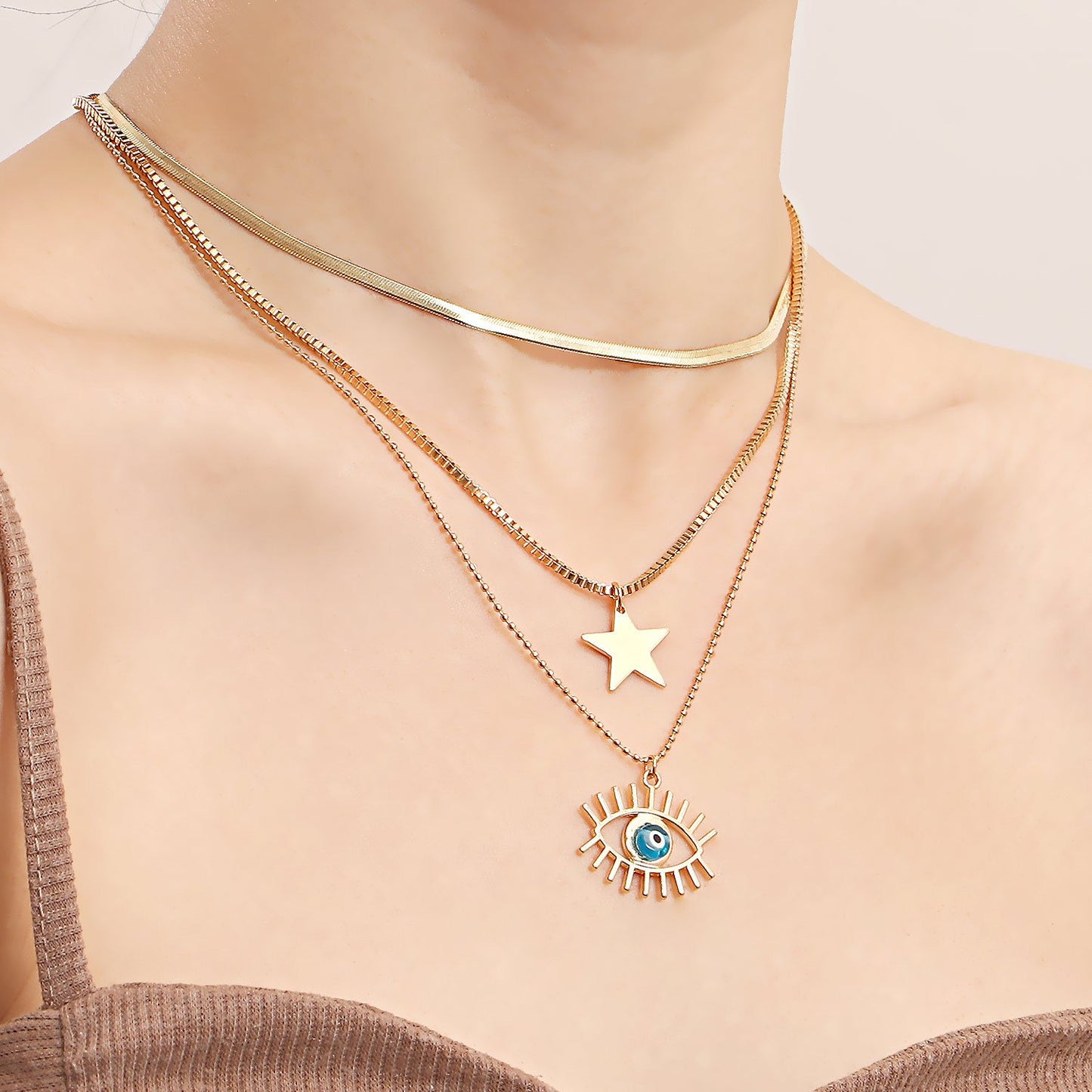 Jewelry cool multi-layer flat snake chain geometric pentagonal blue star devil's eye pendant necklace female