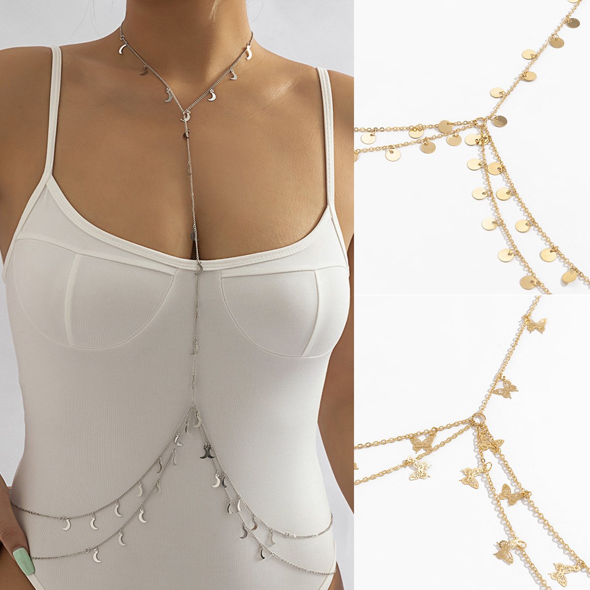 Jewelry Sexy Butterfly Meniscus Tassel Body Chain Female Geometric U-shaped Cross Sequin Dress Chain