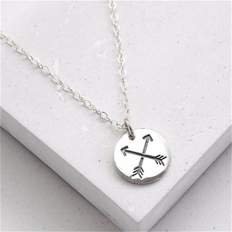 Crossed Double Arrows Clavicle Chain Circle Pie Pendant Necklace