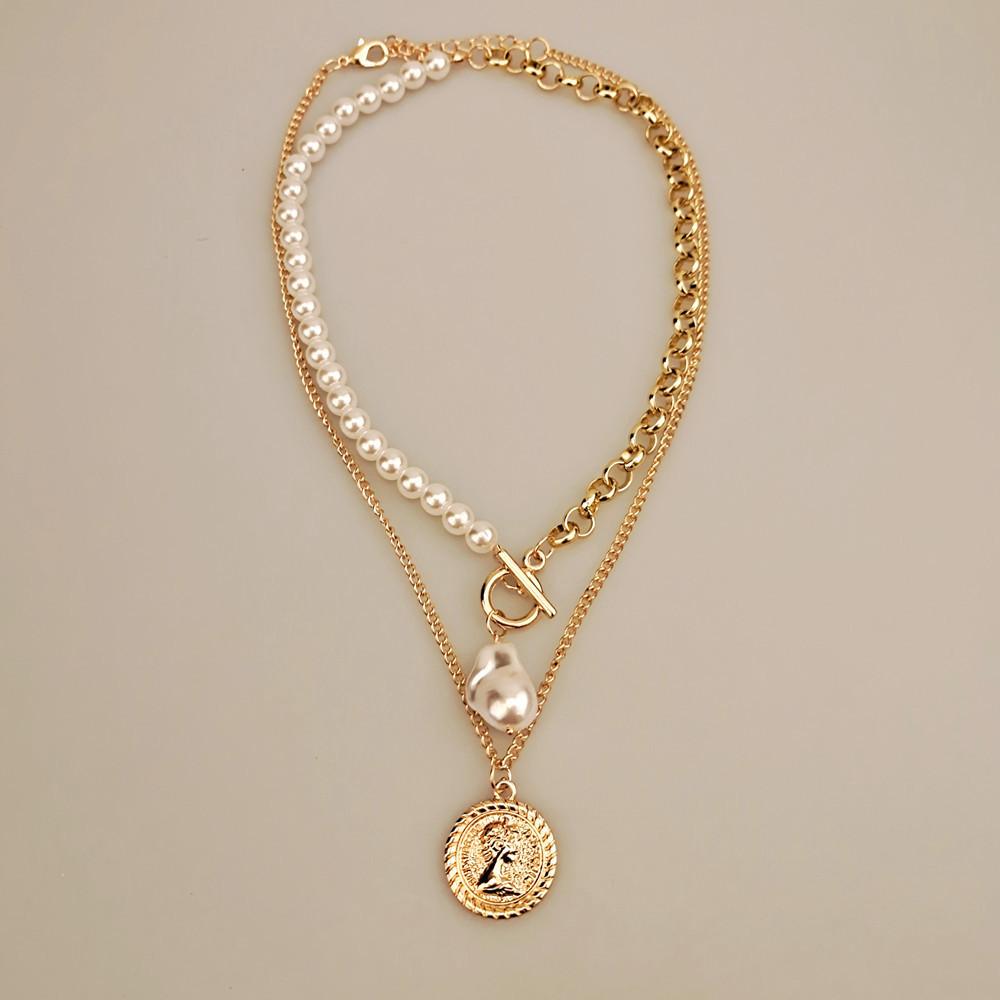 Jewelry special-shaped pearl Baroque pearl retro female image multi-layer OT buckle two-piece necklace