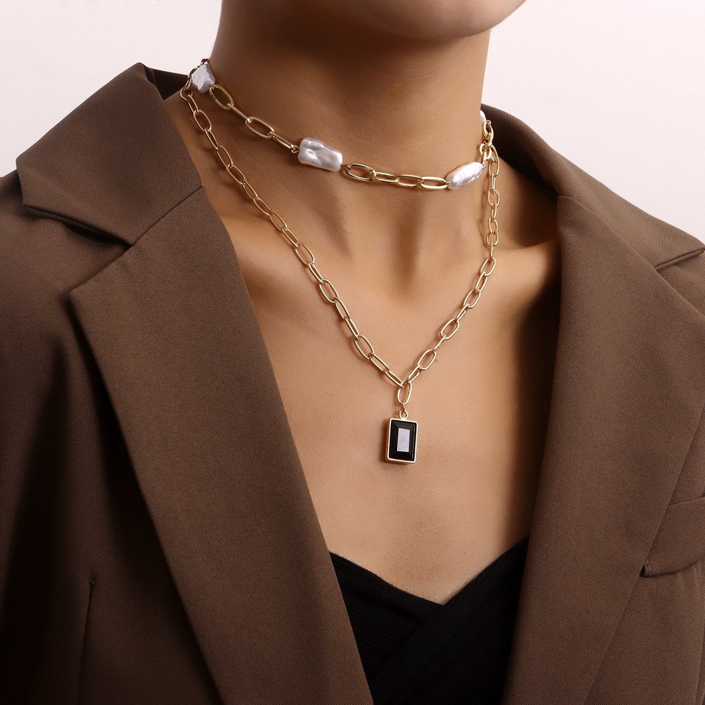 Jewelry fashion double-layer special-shaped pearl bamboo chain black zircon pendant necklace female punk