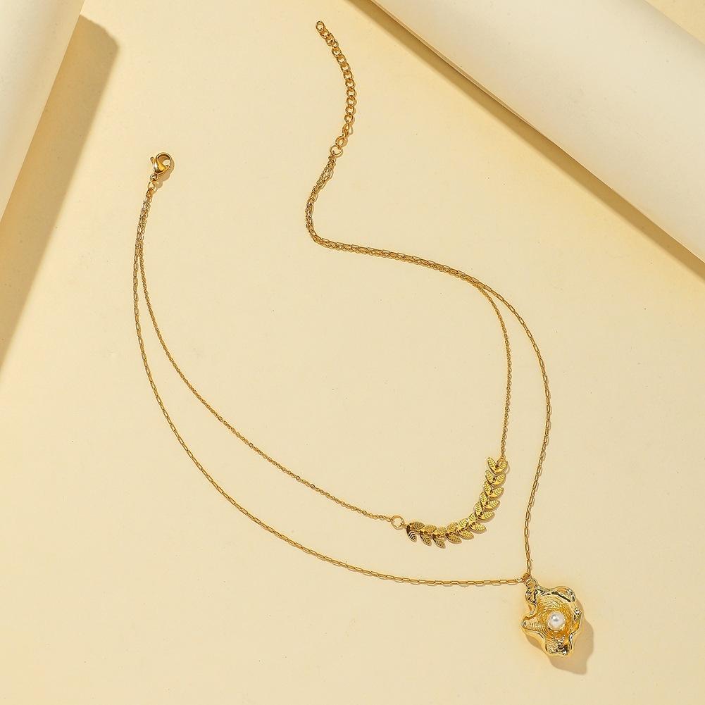 Fashionable Titanium Steel Gold-plated Baroque Pearl Shell Pendant Elegant Small Fragrant Wheat Ears Double Layer Necklace