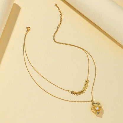 Fashionable Titanium Steel Gold-plated Baroque Pearl Shell Pendant Elegant Small Fragrant Wheat Ears Double Layer Necklace