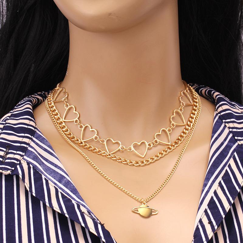 Jewelry Stacked Versatile Hollow Heart Chain Necklace Set Chain Fashion Planet Pendant Necklace