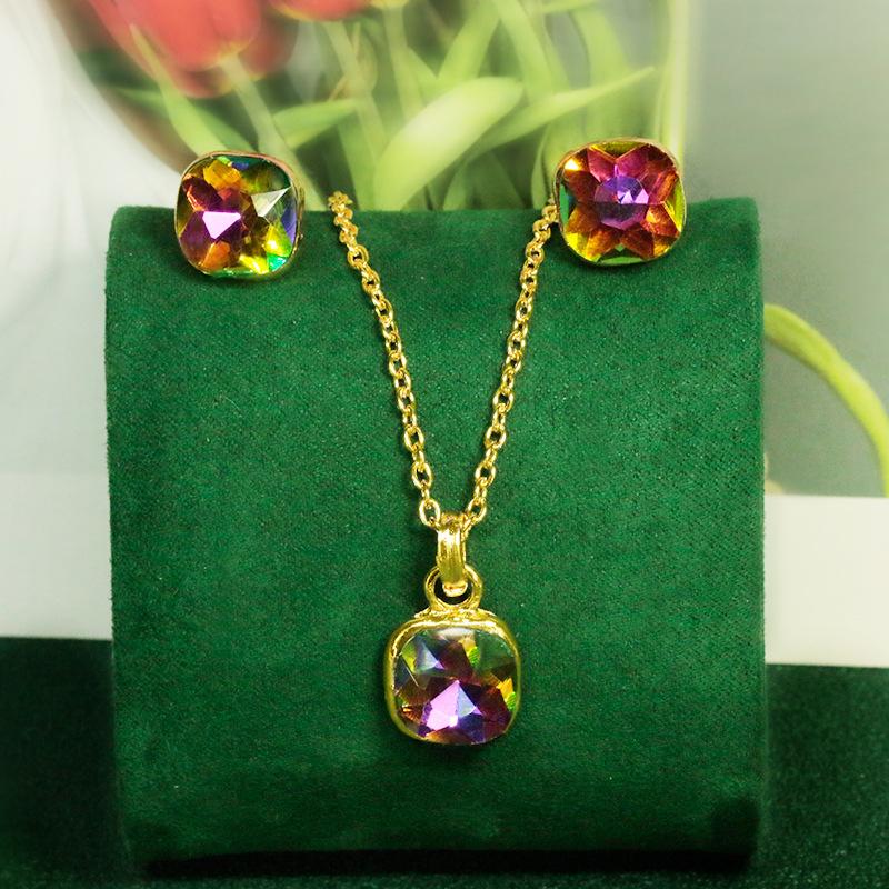 Explosive Jewelry Fashion Earrings Necklace Set Female Seven Color Square Diamond Pendant Earrings Jewelry