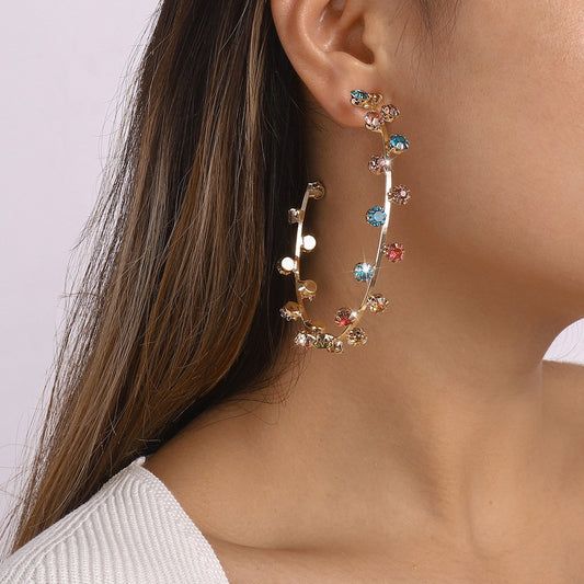 E1424 Exaggerated Earrings C Shape Large Circle Rhinestone Earrings Heavy Metal Punk Hip Hop Earrings