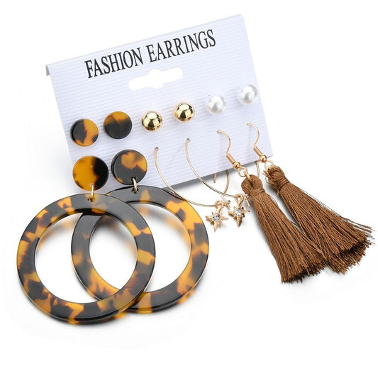 Creative Retro Tassel Large Circle Acrylic Stud Earrings 6 Pairs Set Decoration