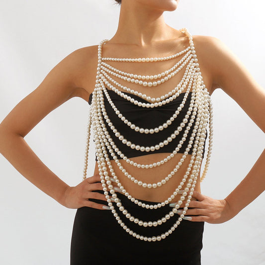 C429 Exaggerated Heavy Industry Geometric Pearl Body Chain Personality Retro Creative Trendy Irregular Chest Jewelry
