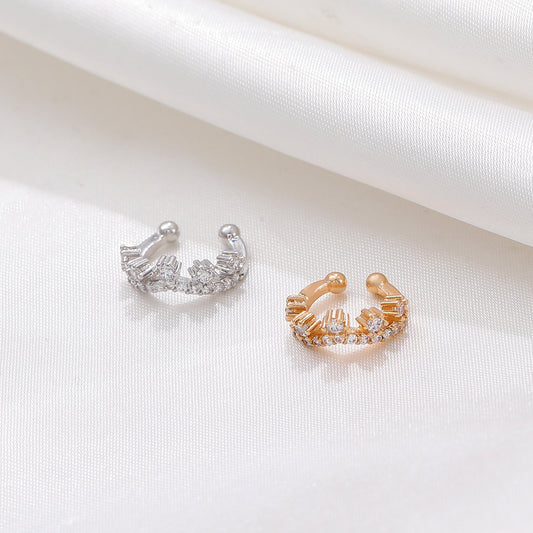 Niche design copper inlaid zircon crown ear clip ins French retro hole-free C-shaped earrings high-end earrings for women