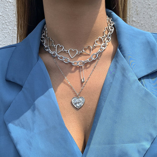 Jewelry Personality Trend Pin Chain Clavicle Necklace Hip Hop Retro Peach Heart Tag Necklace Female