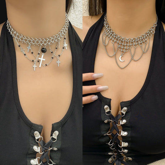 Jewelry fashion heavy industry metal chain necklace punk multi-layer meniscus cross necklace female
