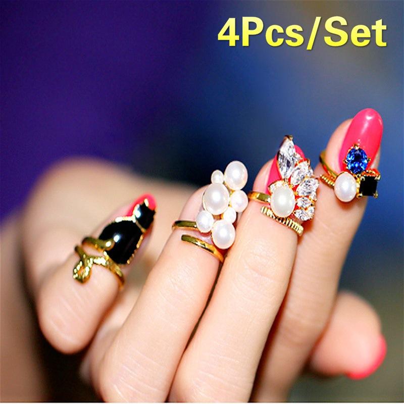 Fashion Cute Cat Pearl Nail Manicure Joint Ring Four Pieces Jewelry Set