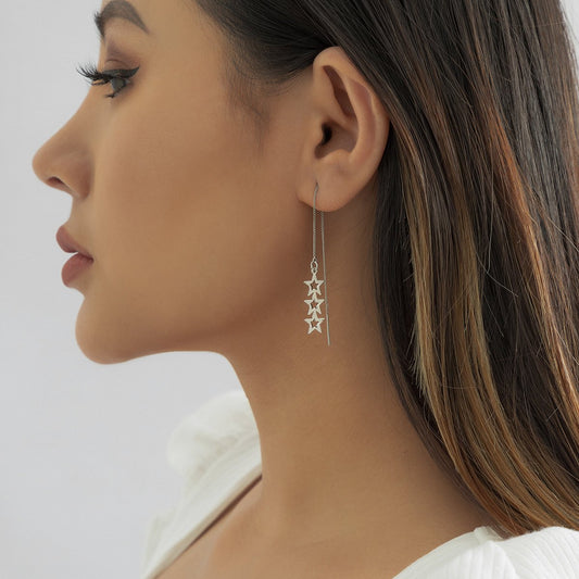 Jewelry niche hollowed out stars sweet cool all-match ear line geometric design metal tassel earrings